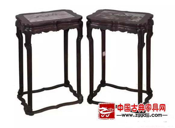 紫檀带托泥嵌云石面海棠式花几 紫檀带托泥嵌云石面海棠式花几